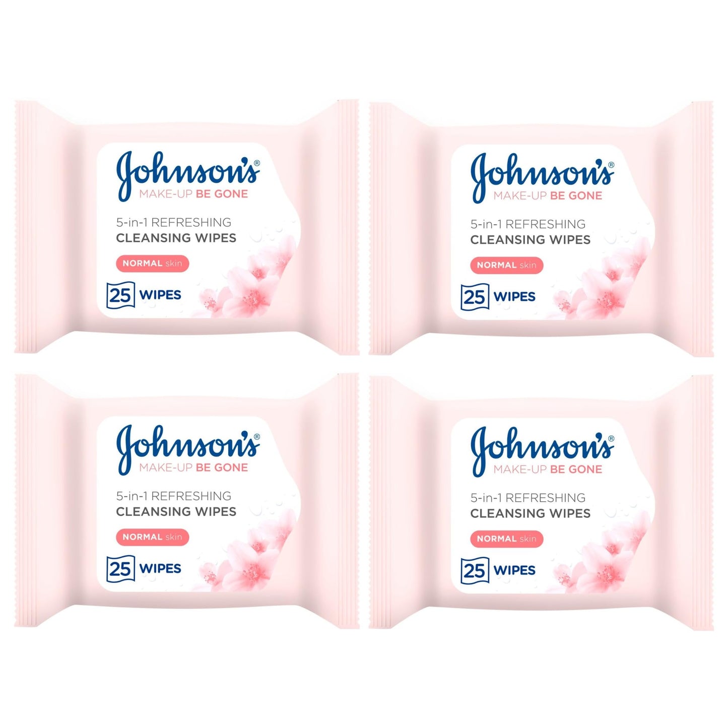 Makeup Remover Facial Wipes 4 PACK | 100 Wipes (25 x 4) Value MULTIPACK | For Waterproof Mascara | Johnsons Be Gone | Refreshing for Normal Skin