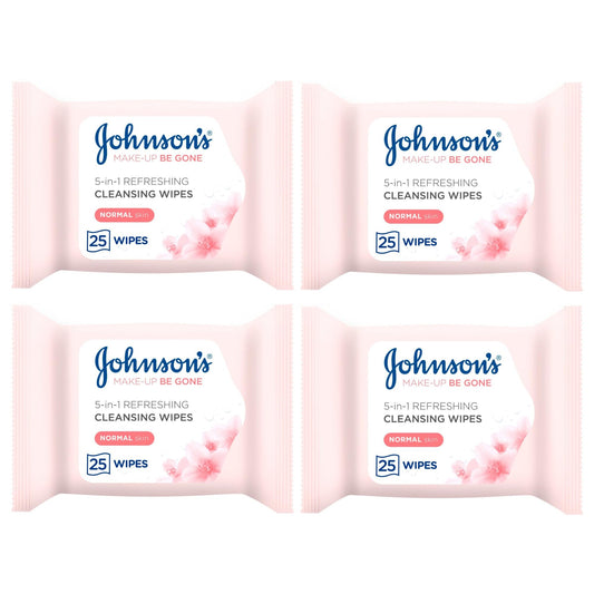 Makeup Remover Facial Wipes 4 PACK | 100 Wipes (25 x 4) Value MULTIPACK | For Waterproof Mascara | Johnsons Be Gone | Refreshing for Normal Skin