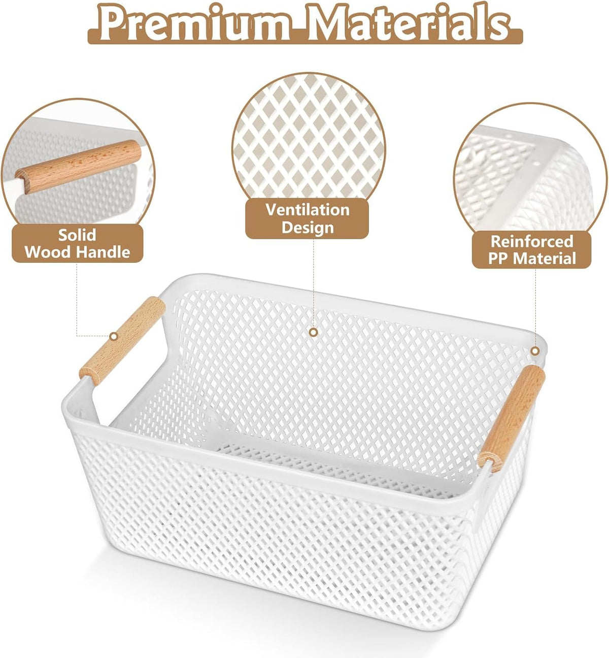 6 Packs Plastic Storage Baskets with Wood Handles, Cupboard Storage Boxes