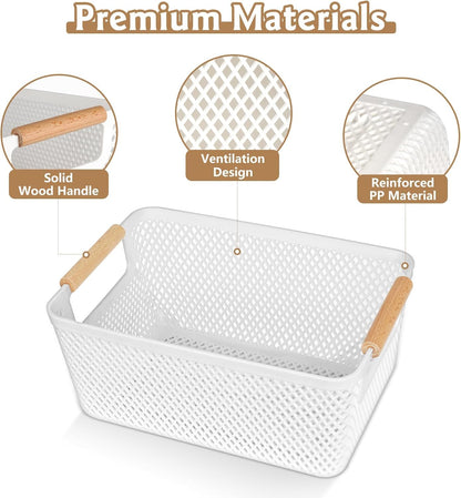6 Packs Plastic Storage Baskets with Wood Handles, Cupboard Storage Boxes