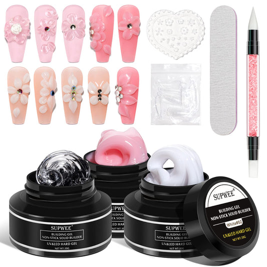 SUPWEE 3D Sculpture Gel - 3 Colors Clear White Pink Solid Builder Gel Carving Patterns Decoration Nail for Nail Extension Gels DIY Nail Art at Home