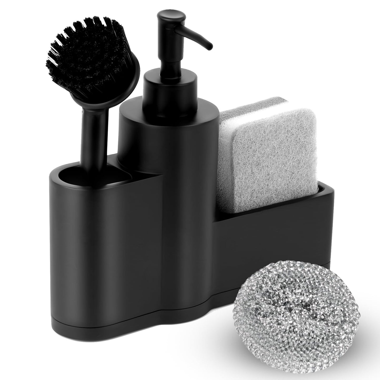 Haisheng 1 Set Kitchen Soap Dispenser, Matte Black Sink Organiser with Sponge, Brush, Stainless Steel Scrubber Set for Sink Caddy, 200ML Soap