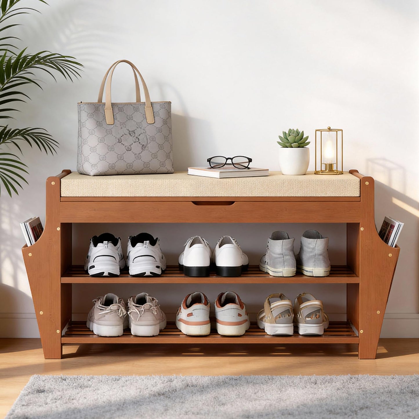 Shoe Bench 34.3in, Bamboo 3-Tier Entryway Bench with Storage, Shoe Rack