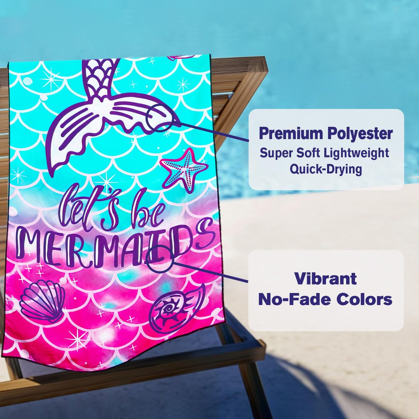 Violetpos Mermaid Tail 'Let's Be Mermaids' Beach Towel, Extra Large 180x90 cm 250GSM Microfibre, Sand Free Quick Dry