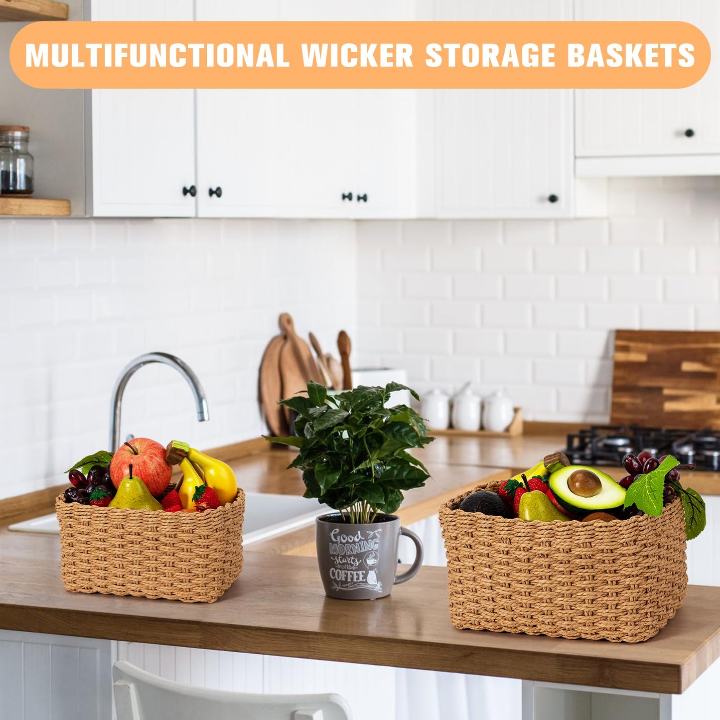 Storage Baskets, Revivoer Set of 4 Wicker Basket for Shelves Closet Organizer, Wicker Hamper Empty for Gifts Toys Books