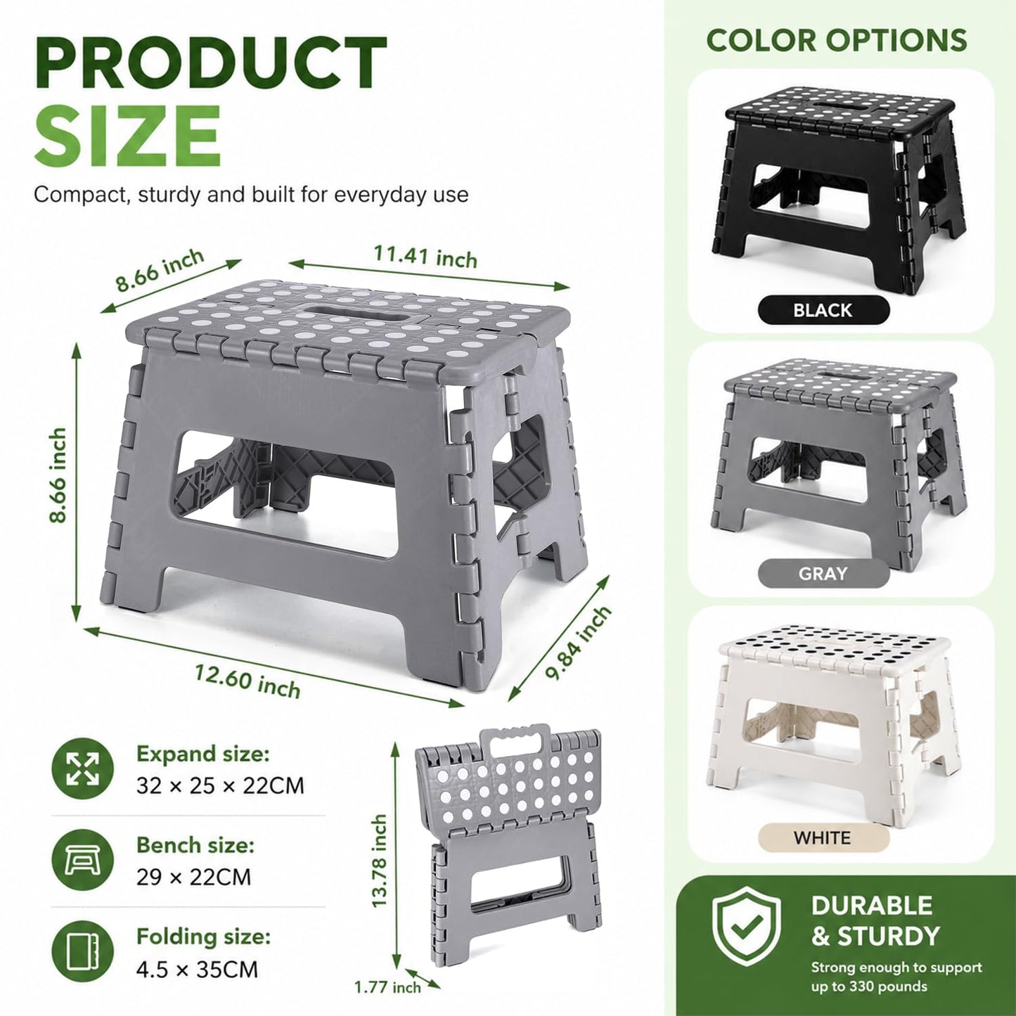 MASS DYNAMIC 9 Inch Folding Step Stool, Portable Plastic Footstool with Carry Handle, Non-Slip Top, Compact Collapsible Seat for Kitchen, Bathroom