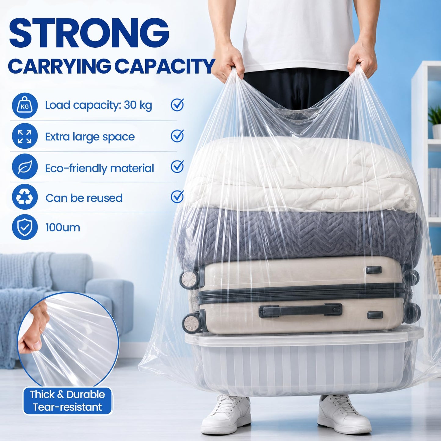 Extra Large Clear Plastic Storage Bags10PCS, 130*130 Etc Size Heavy Duty Waterproof Large Plastic Bags 100μm with 6 Cable Ties, 4 Straps