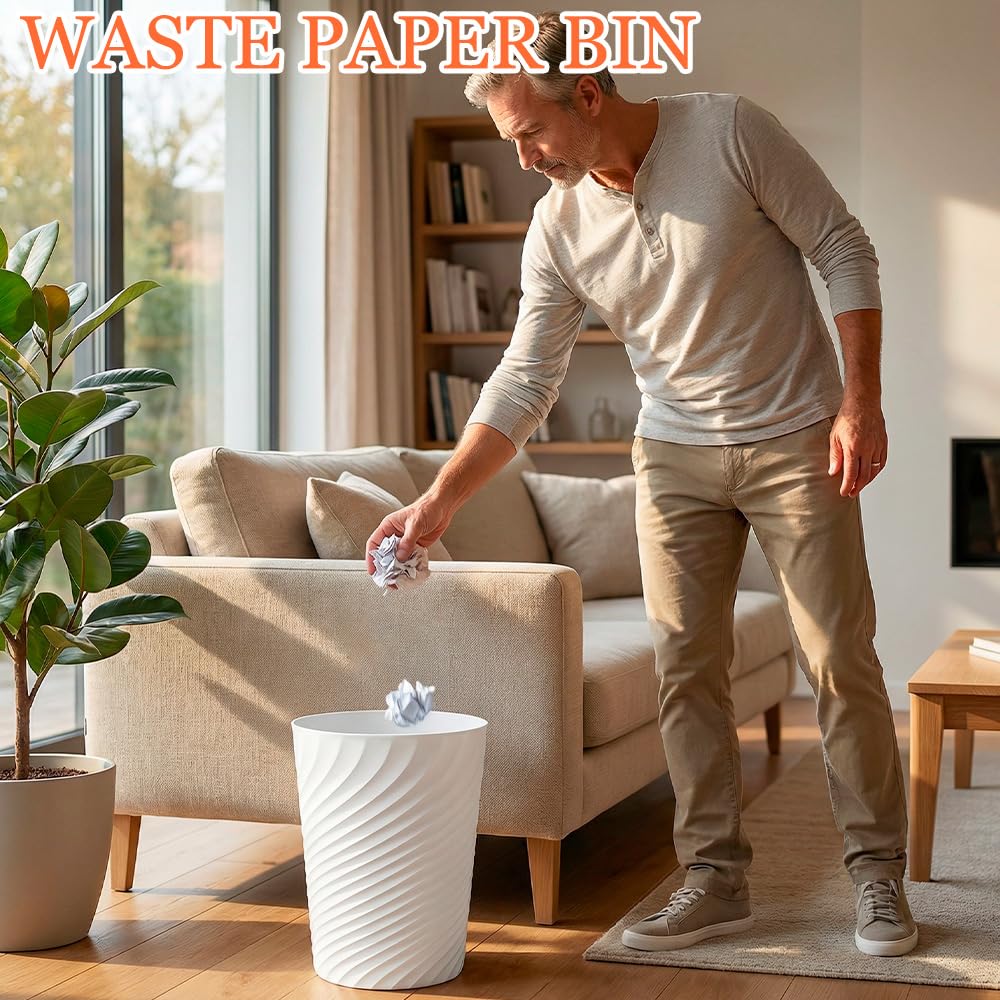 Exquilnova 3 Pack Waste Paper Bin,8L Plastic Rubbish Bin,Small Trash Bin with Stripe Design,Uncovered Trash Can,Waste Paper Basket for