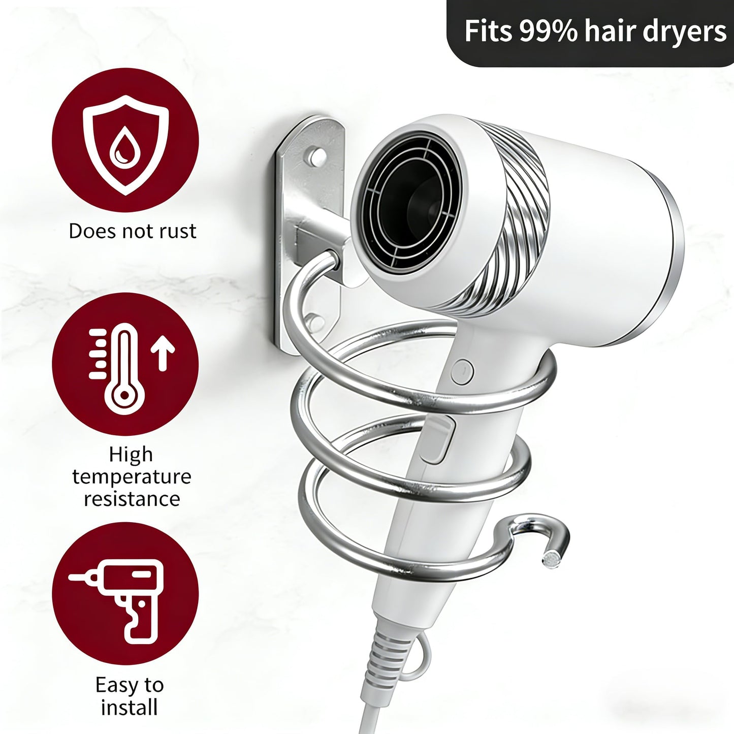 Wall Mounted Hair Dryer Holder with Screws,Heavy-Duty Blow Dryer Stand for Bathroom,Secure Storage for Hair Styling Tool,Easy Installation with
