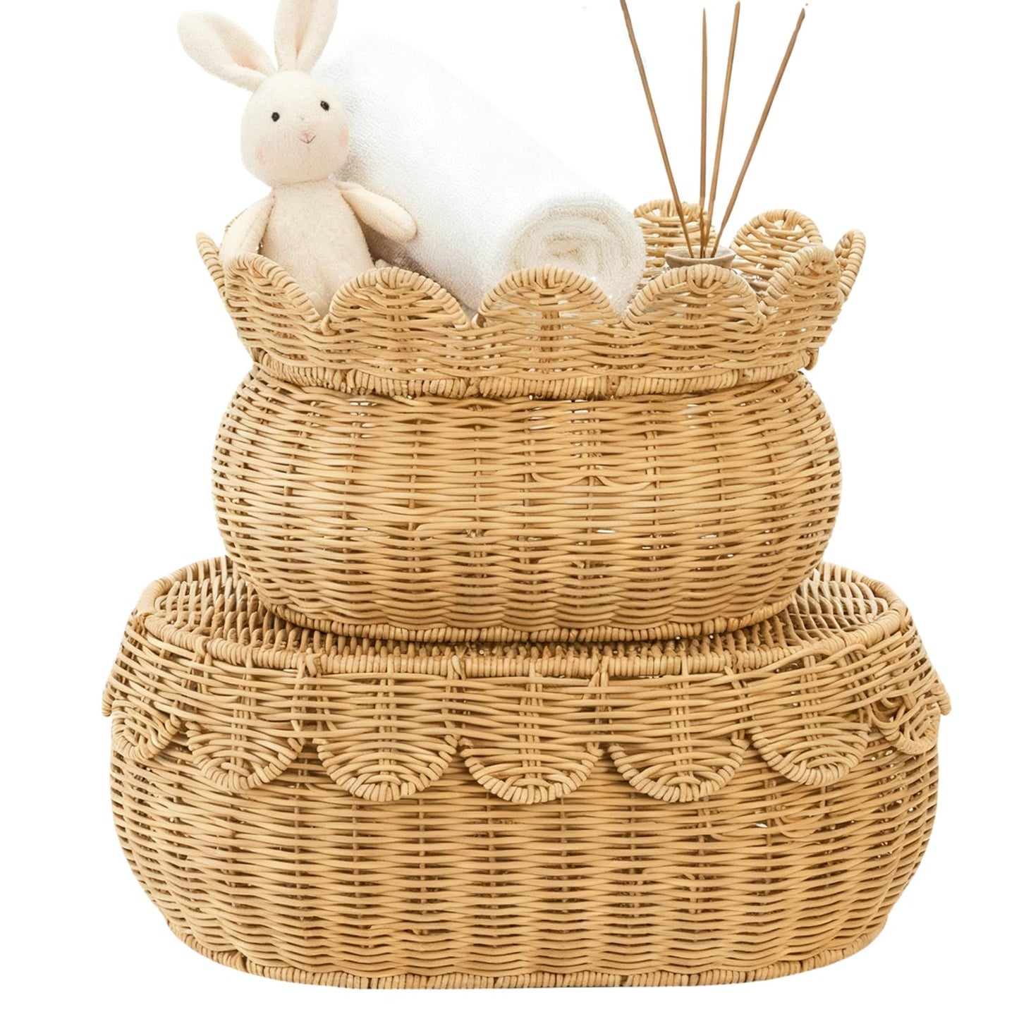 Tebery Set of 2 Wicker Storage Baskets with Lid, Hand Woven Scalloped Basket Boxes for Shelf, Sturdy Rattan Storage Bin Organizer for Home Decoration