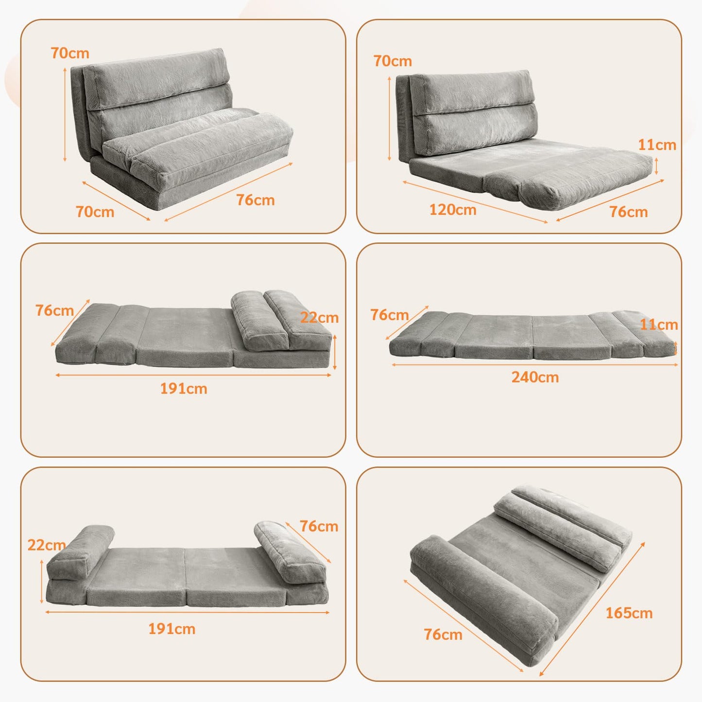 MAXYOYO Bean Bag Bed Folding Faux Fur Fabric Sofa Chair Foam Filling Extra Thick 6 Fold Floor Couch Matress for Adults