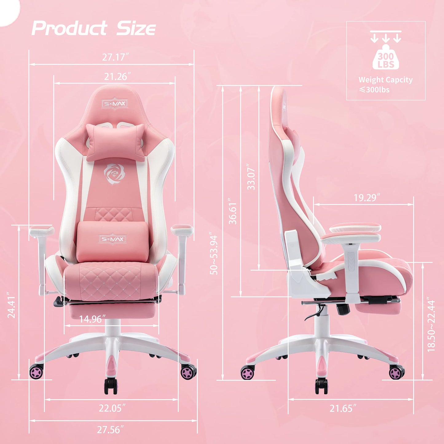 S*MAX Pink Gaming Chair with Footrest Thicken Seat Ergonomic Gaming Chairs with 3D Armrest PU Leather Headrest and Lumbar Support Racing Style High