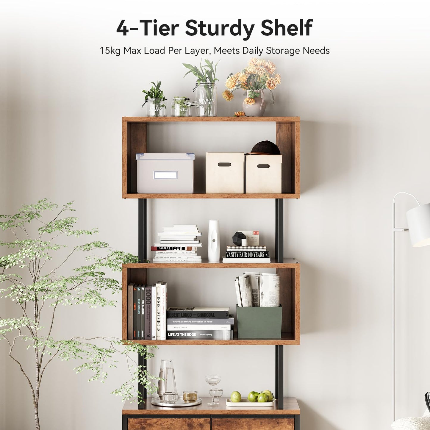 Coleshome 5-Shelf Bookcase With 3 Fabric Drawers, 60 x 24 x 155cm, Vintage