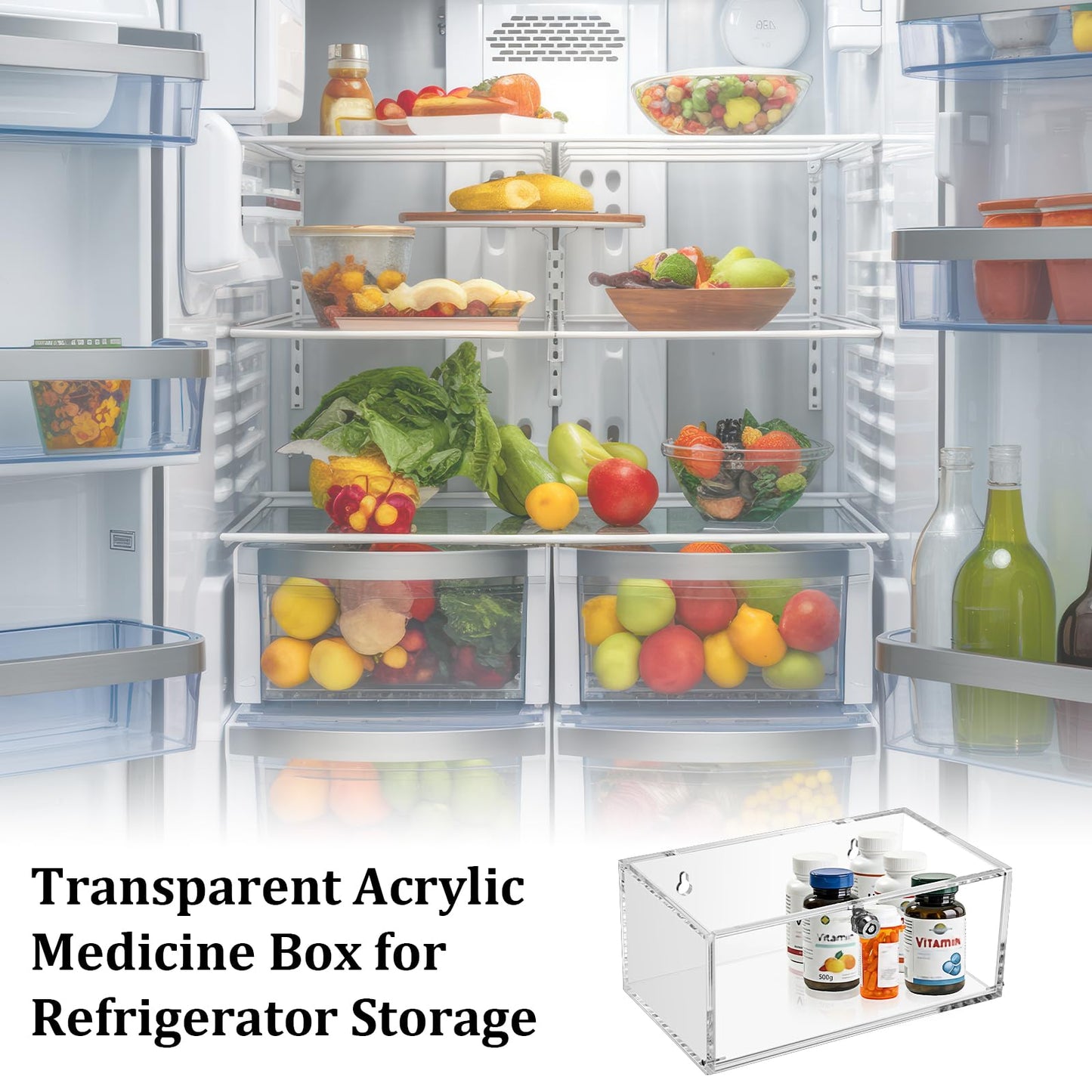 TOLIDA Acrylic Refrigerator Medicine Box with Keys - Clear Wall Mounted/Desktop Medicine Lock Box, Plastic Storage Container for Medical Supplies