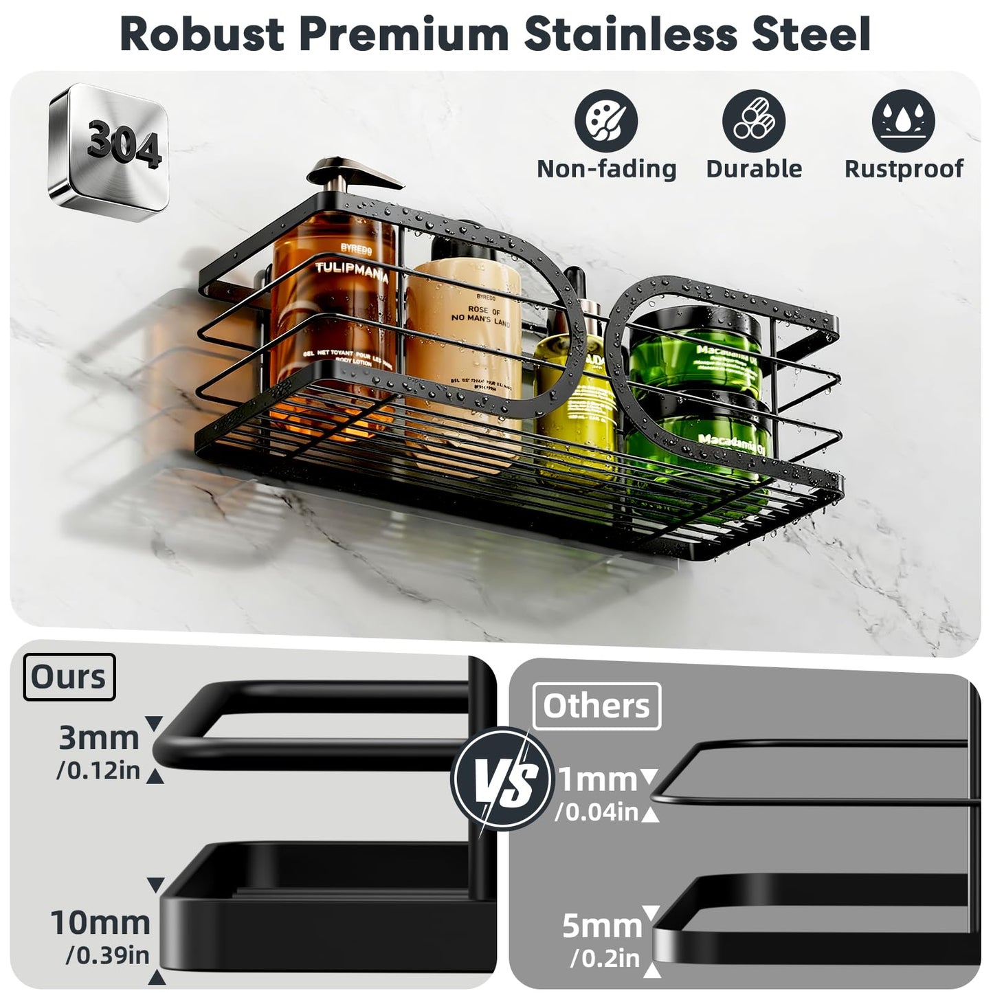 Adurei Shower Caddy 3 Pack with Soap Holder No Drill Wall Mounted 304 Stainless Steel Durable Large Capacity Adhesive Shower Rack Organiser Quick Dry