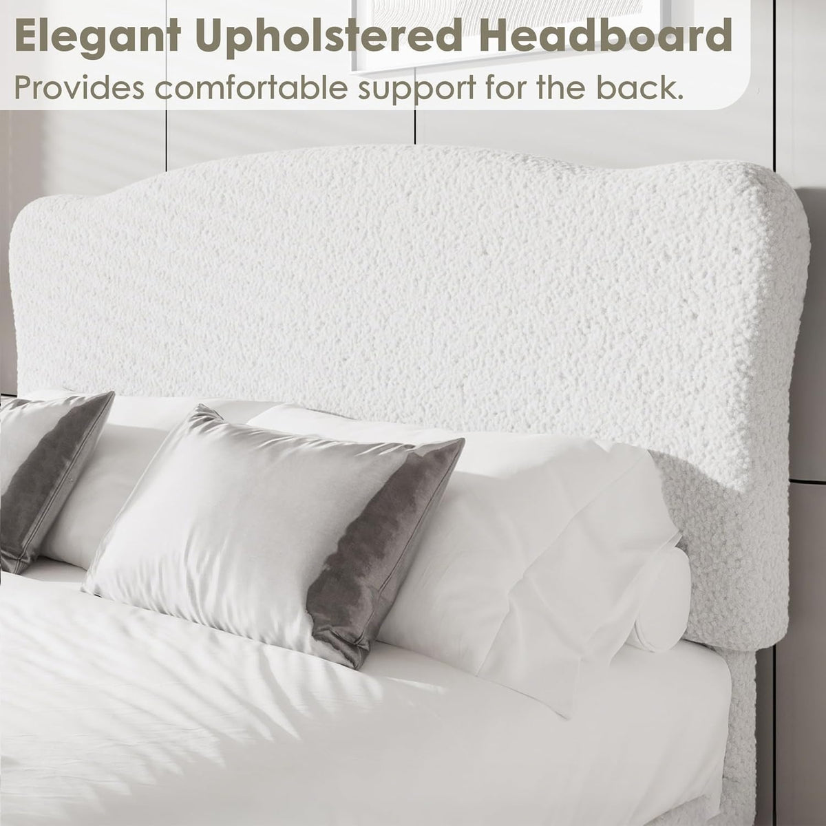 Luxurious Cuddly Bouclé Ottoman Double Bed Frame 82.1"Lx60.3"Wx41.3"H, Gas Lift Storage, Soft Fabric Sherpa Grand Panel Headboard