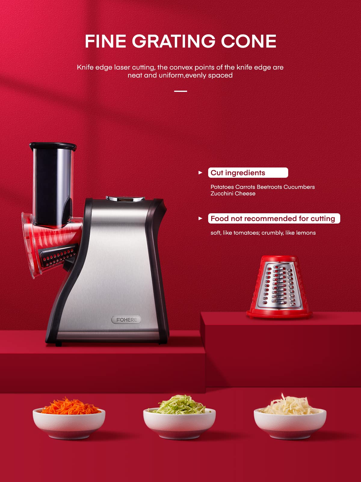 FOHERE 4 in 1 Electric Vegetable Grater 150W Electric Grater for Fruit and Vegetables, Multi Salad Maker with 4 Interchangeable Cones Ideal for
