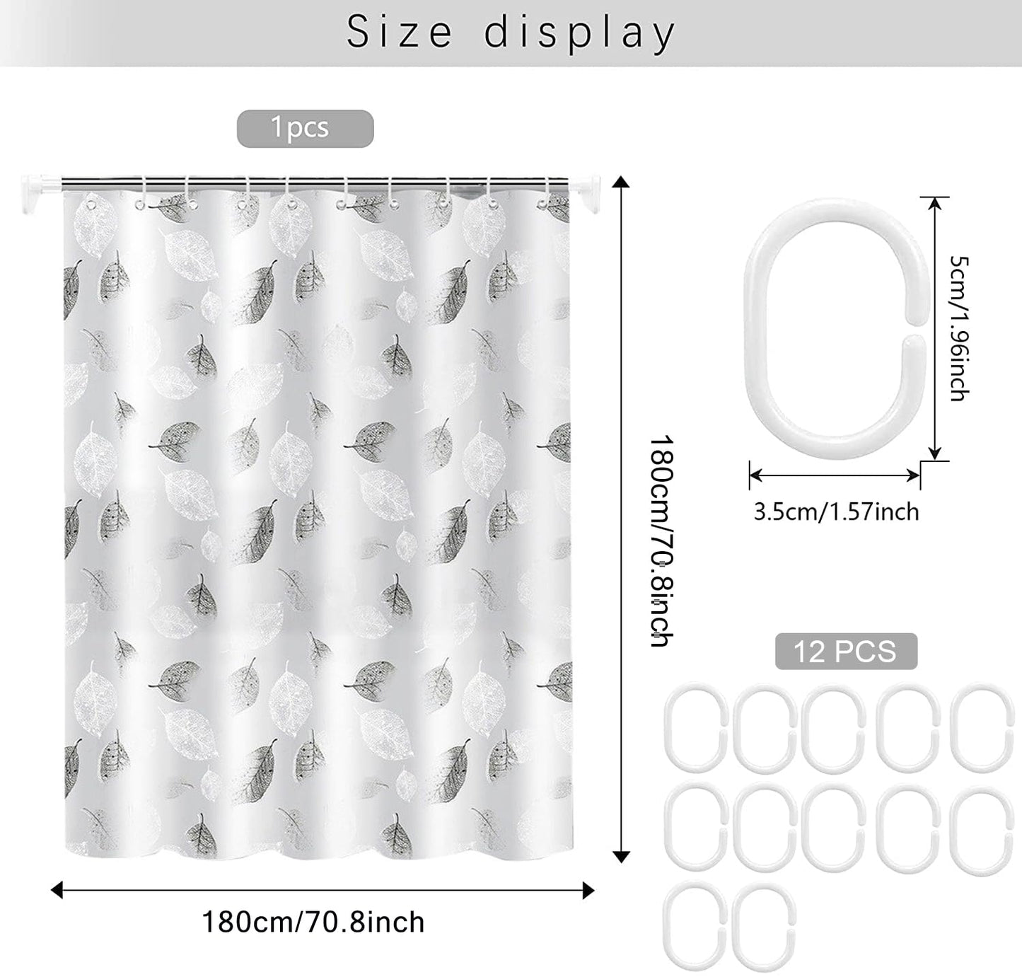 WOODFIB Shower Curtain, 100% PEVA Waterproof Anti-Mould Proof Resistant, Quick-Drying, Washable Bathroom Curtain, Includes 12 Pcs Curtain Hooks