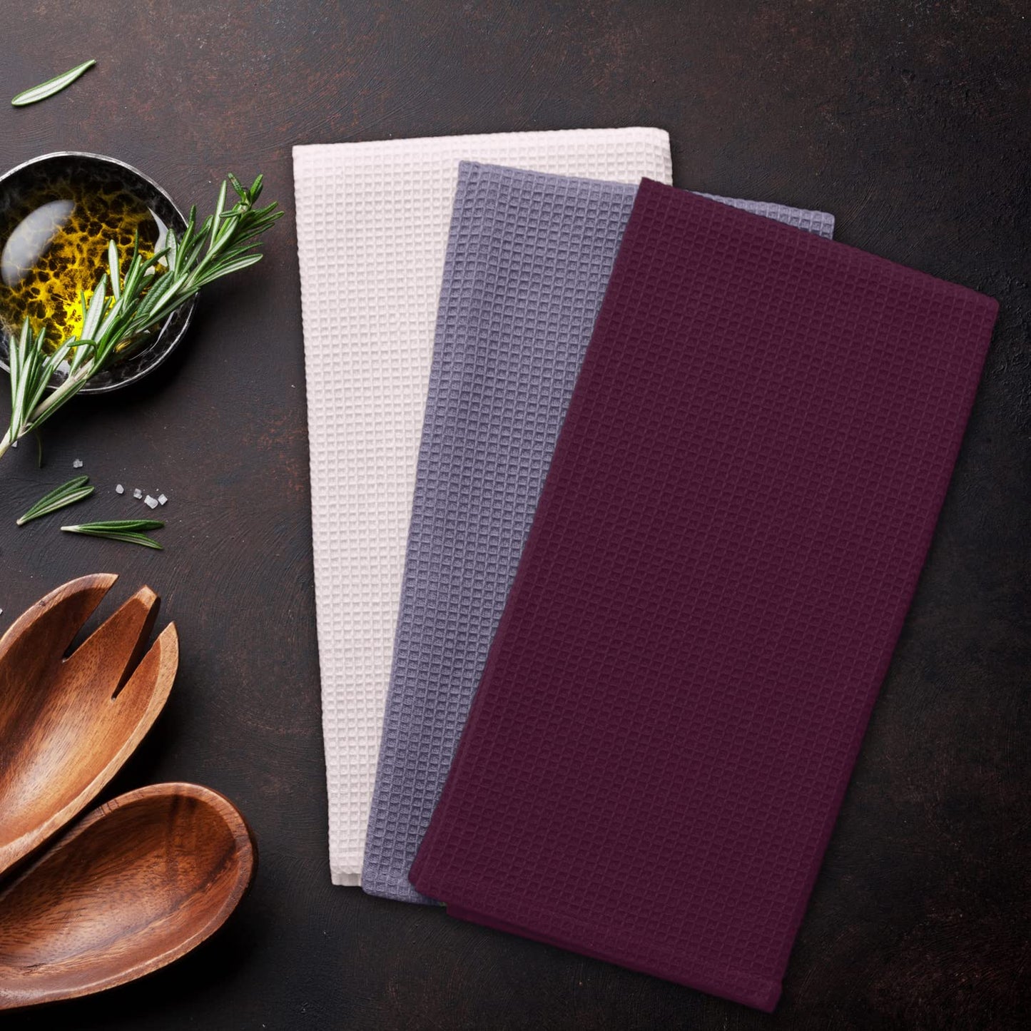 AmeliaHome Set of 3 tea towels, cotton, kitchen towels, 50 x 70 cm, waffle pique, waffle fabric, Letty purple, powder pink