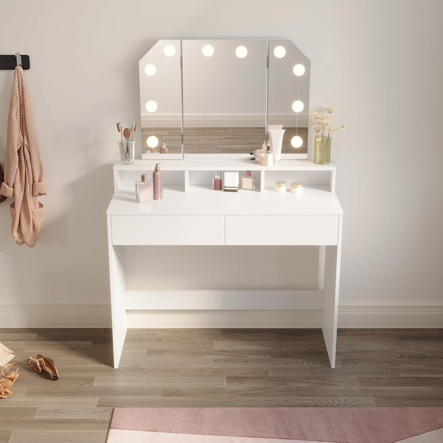 ZANOFIRA White Dressing Table with 3 Foiding Mirror, 3 Colors LED Lights with Adjustable Brightness