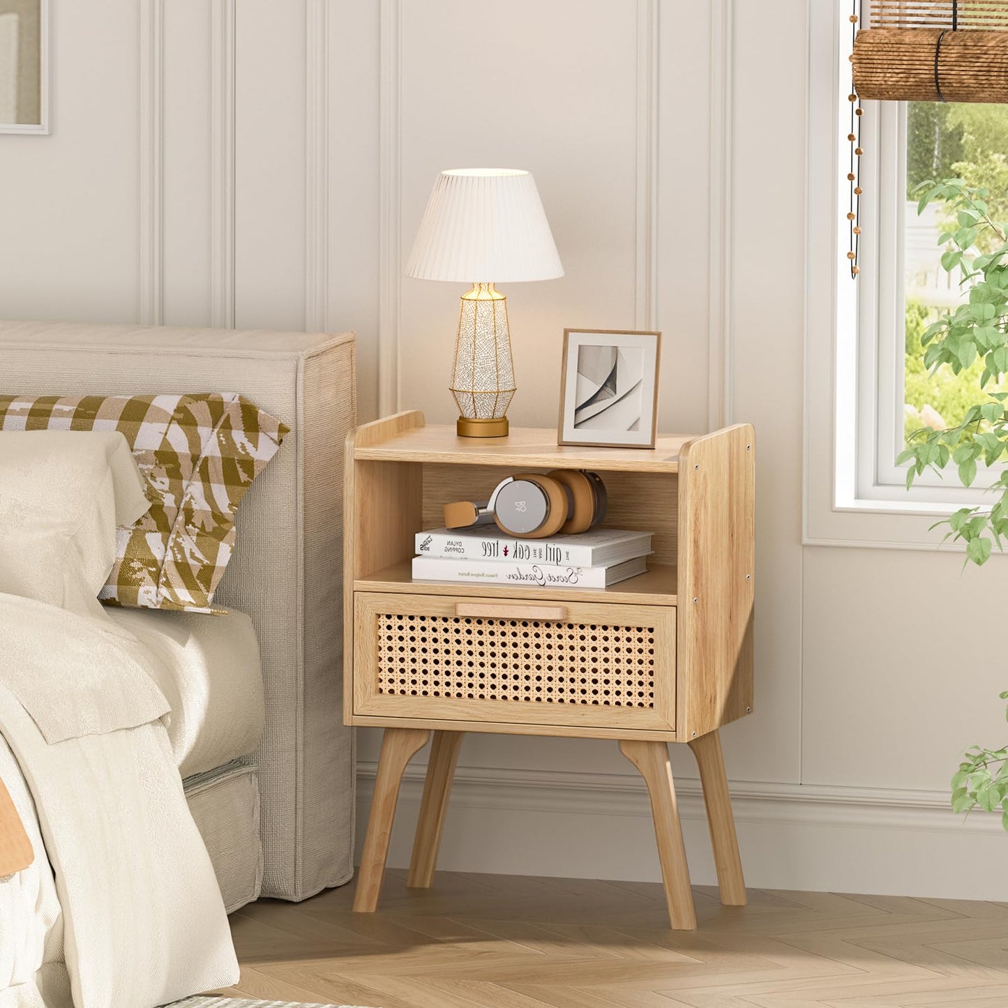 LELELINKY Rattan Bedside Table, Boho Wooden Side Table