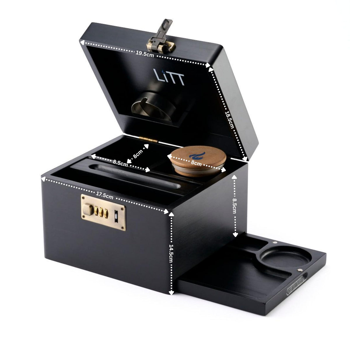 LITT - Premium Wooden Combination Lock Storage Stash Box Set with Glass Jar, Hidden Tray, and Storage Box Black