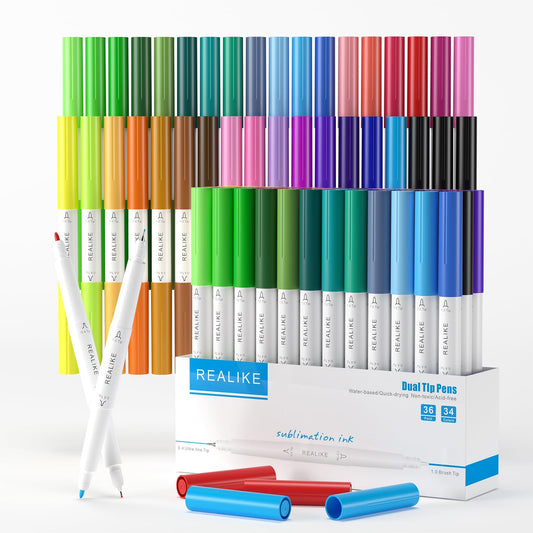 REALIKE 36 Counts Sublimation Pen Infusible Marker Compatible with Cricut Maker 4Explore Air 1.0/0.4 Dual tips Drawing Blank Tumbler Mugs T-shirt