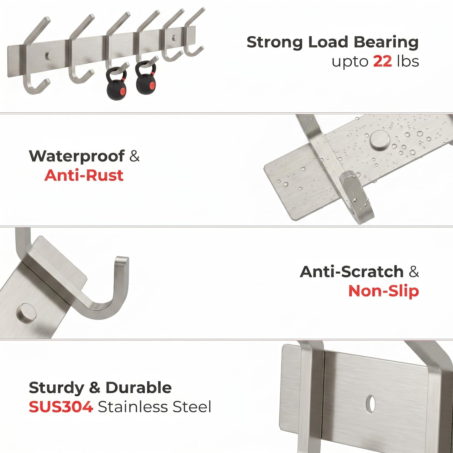 SAYONEYES Coat Rack Wall Mount with 6 Coat Hooks for Hanging - 17 Inch Heavy Duty SUS304 Stainless Steel Brushed Finish Waterproof
