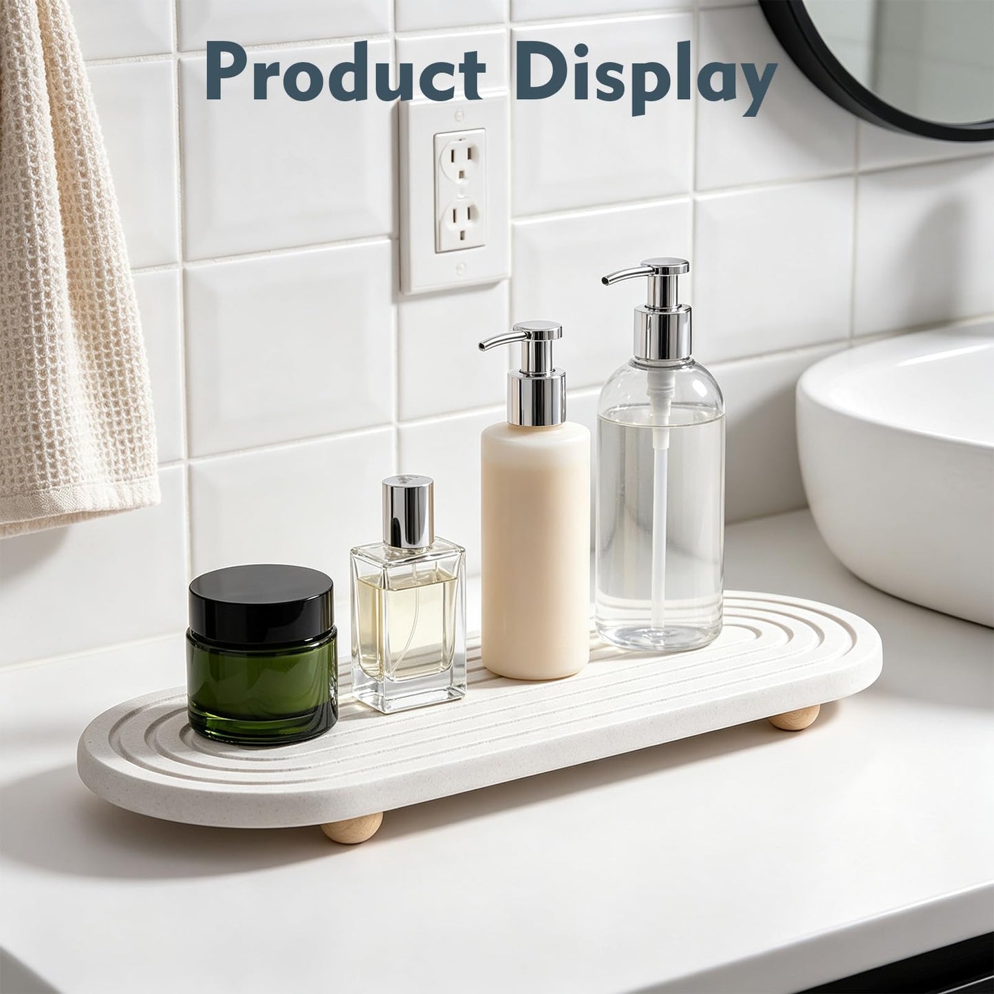 Quick Drying Stone Tray, Natural Diatomite Absorbent Mat with Wooden Feet, Fast Evaporation, Anti-Slip Grooves, Multifunctional for Bathroom Sink