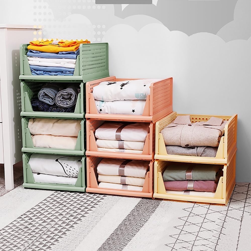 Set of 4 Stackable Foldable Wardrobe Storage Box Organizer Easy Open and Folding, Plastic Cabinet Basket Shelves Closet Organiser Box