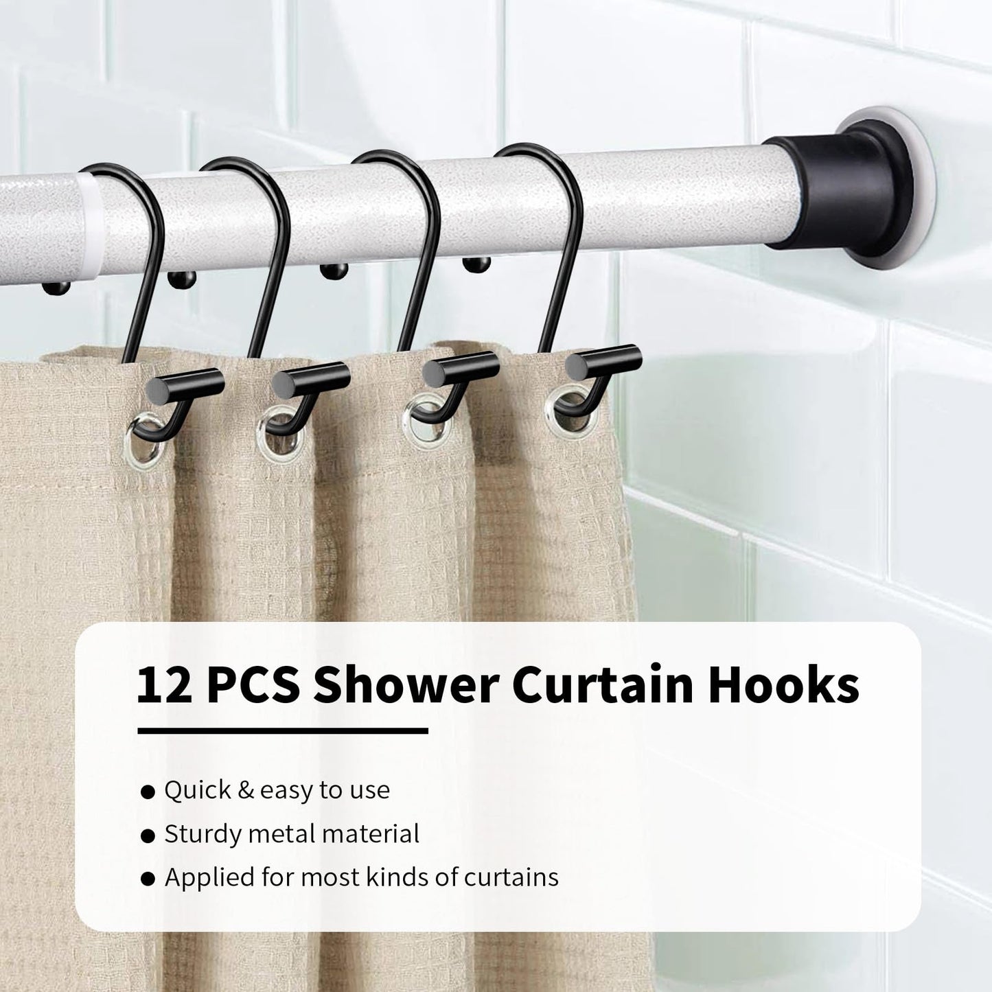 AURIVISTA 12 Pack Shower Curtain Hooks, Rust Proof T-Bar Rings, Black