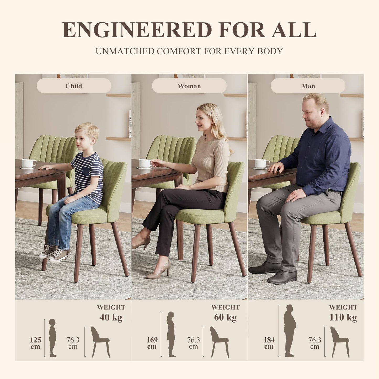 MALOL Upholstered Dining Chairs Set of 6, Fabric Chairs for Dining Room with Solid Wood Legs and Thick Seat Cushion