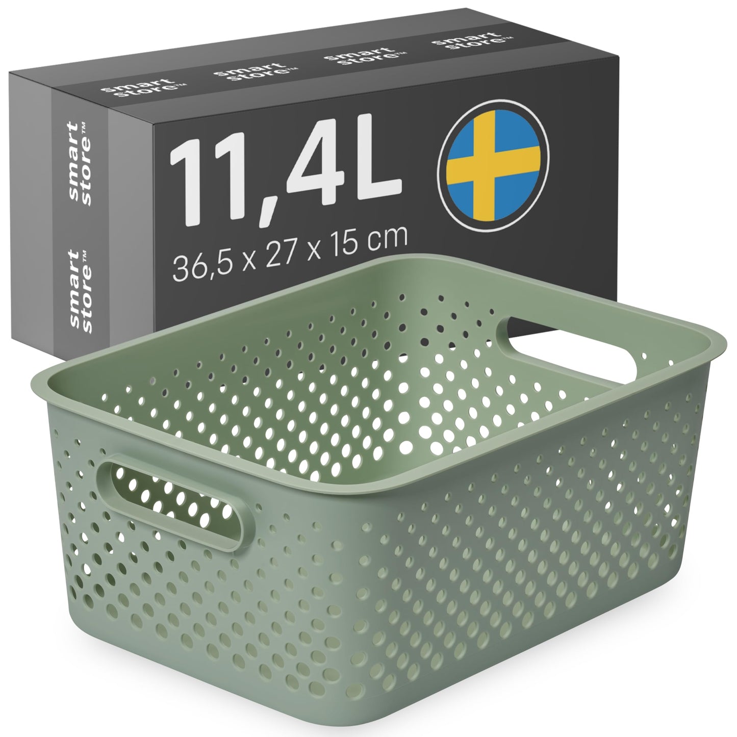 SmartStore Storage Basket with Handles in Green 11.4L (36.5x27x15cm) | Plastic Storage Bin from Recycled Plastic