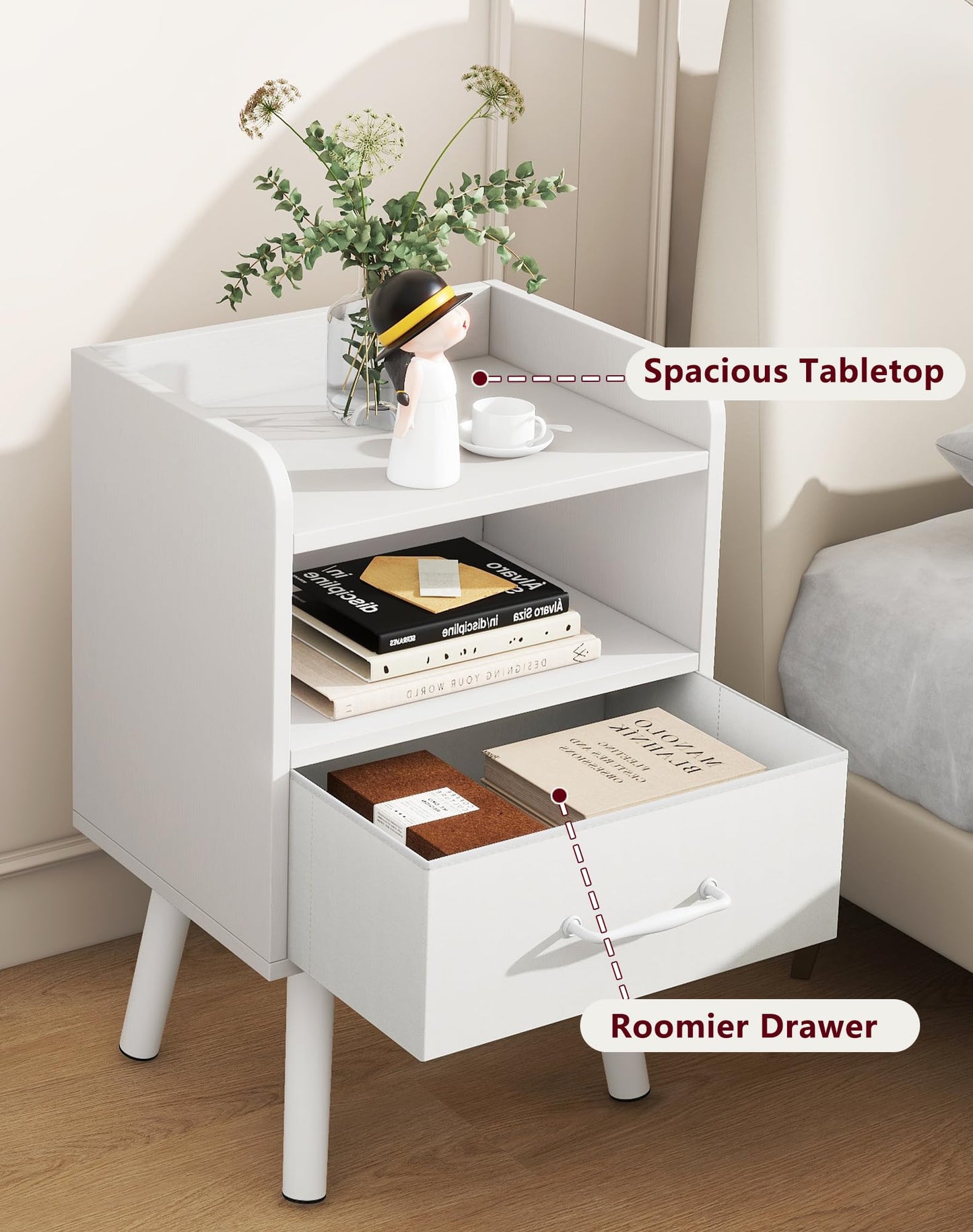 YMYNY Bedside Table Set of 2, Nightstand, Side Table, Wooden Sofa End Table with Fabric Drawer, Open Shelf, Solid Wood Legs, 39x29x63 cm, for Bedroom