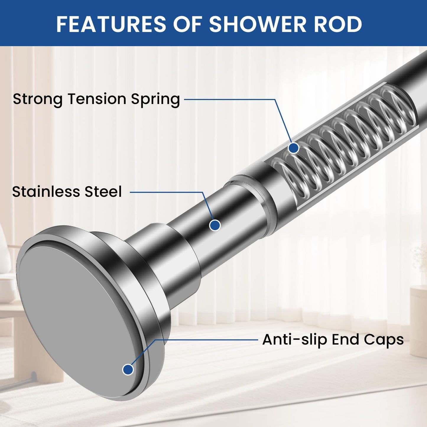 Veloxtera Extendable Shower Curtain Pole 73-132 CM, 2.5CM Tension Rods for Curtains No Drill, Never Rust, Non Slip Silver