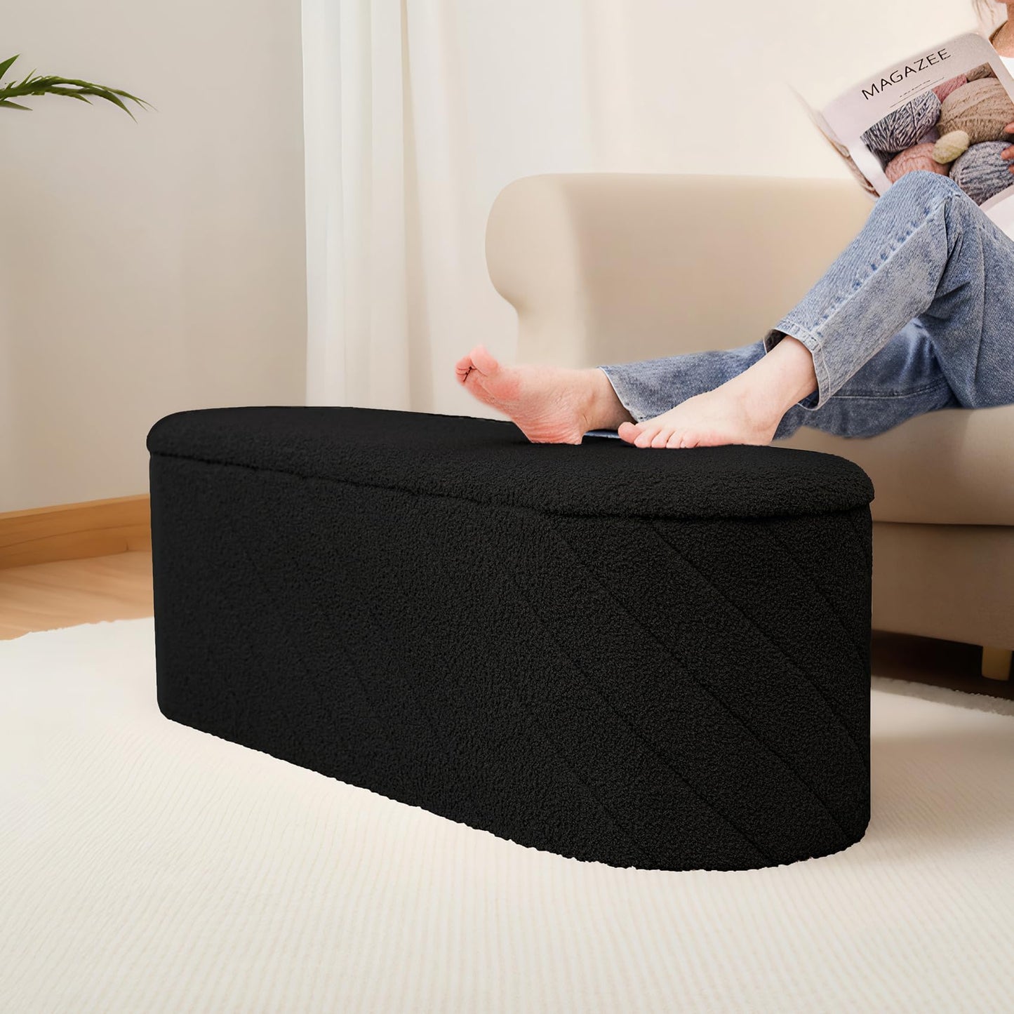 Bonlife Oval Ottoman with Storage Bench, Folding Foot Rest with Lid, Boucle End of Bed Bench,Foostool for Living