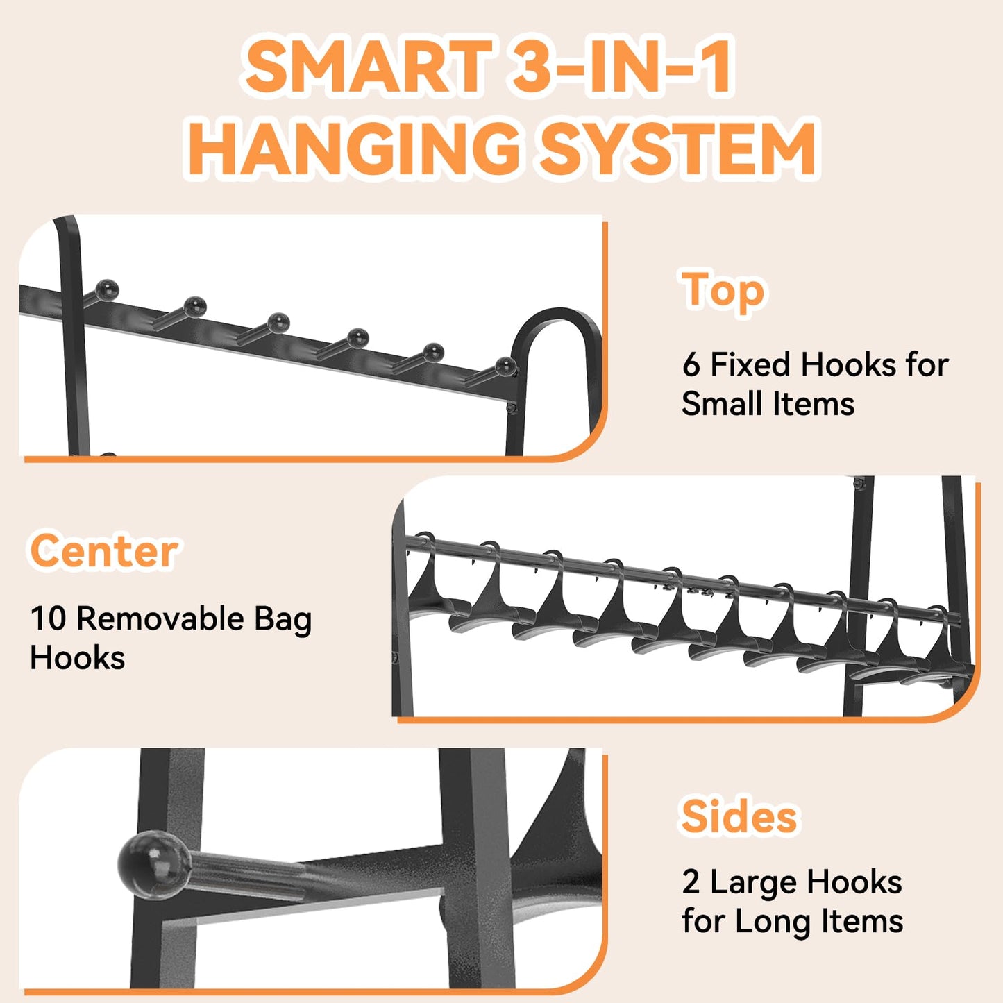 KAFAHOM Coat Rack, Handbag Storage Solutions, Wood & Metal Bag Stand with Adjustable Hooks for Wardrobe, Bedroom, Hallway, Black