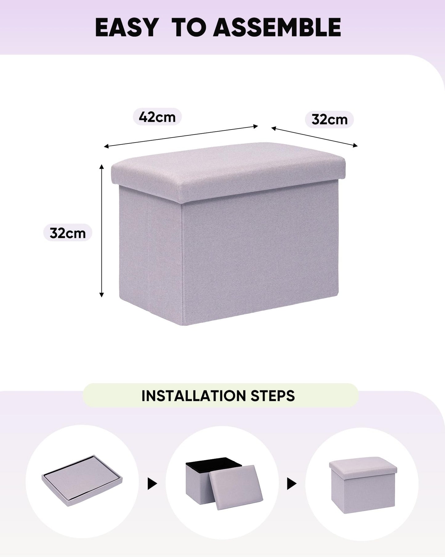 Bonlife Ottoman Storage Box - Foldable Rectangular Footstool for Living Room, Kids Toy Chest with Lid, Multi-Use Seat & Storage, Light purple