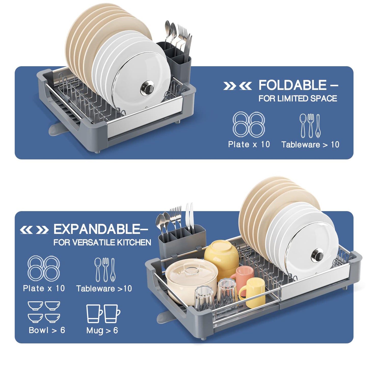 KINGRACK Expandable Dish Drainer Rack, Foldable Dish Rack With Removable Cutlery Holder, Adjustable Dish Drying Rack With Swivel Drainage Spout