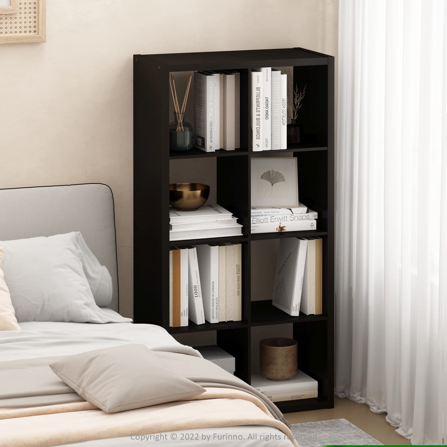 Furinno CUBICLE Book Shelf, 8-Cube Thick Frame Bookshelf, Horizontally & Vertically Reversible Bookcase with Open Back, 14.6 x 30 x 57.9