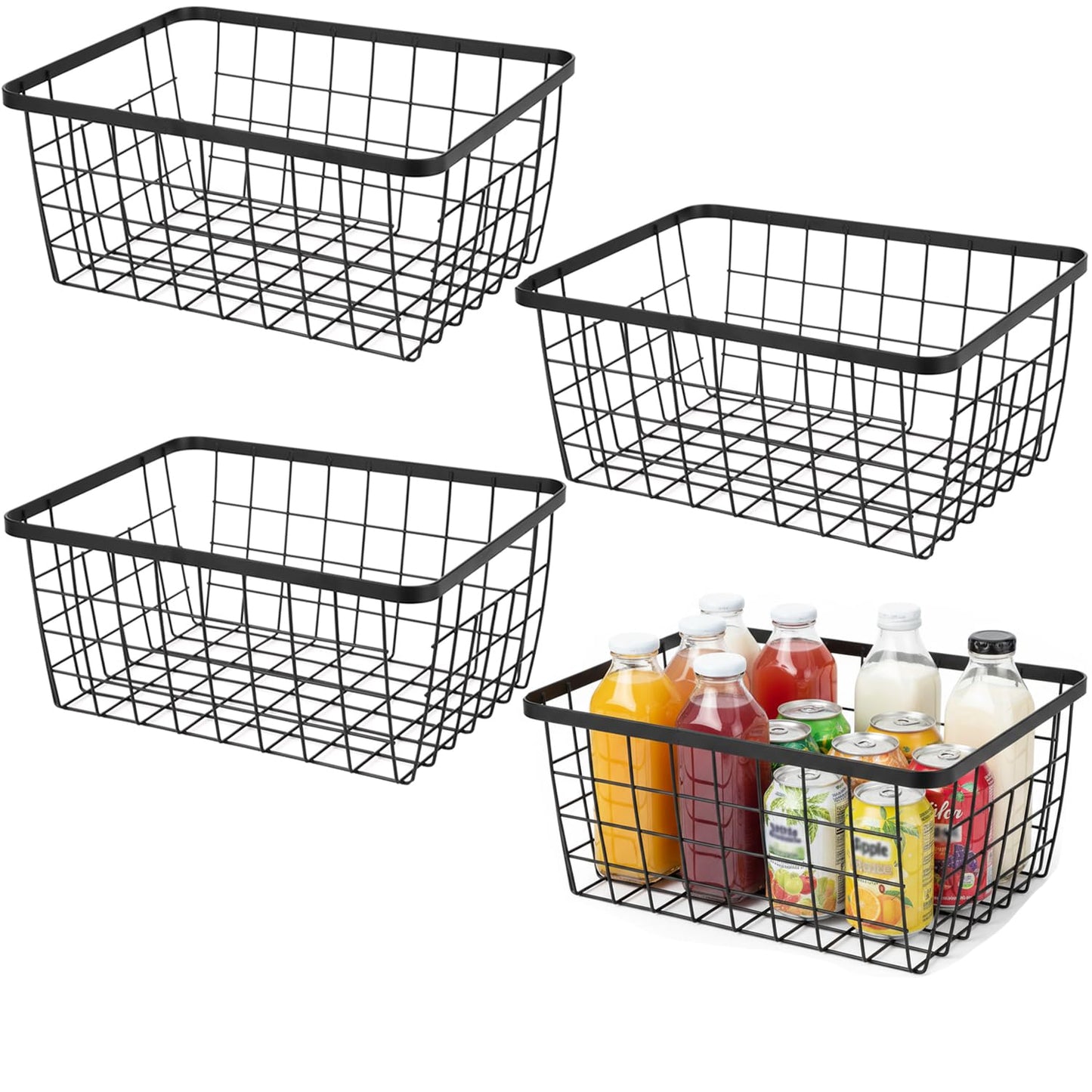 Aeggplant Kitchen Metal Wire Baskets with Handles Food Storage Organizer, Household Refrigerator for Cabinets,Pantry,Bathroom,Black,4 Pack