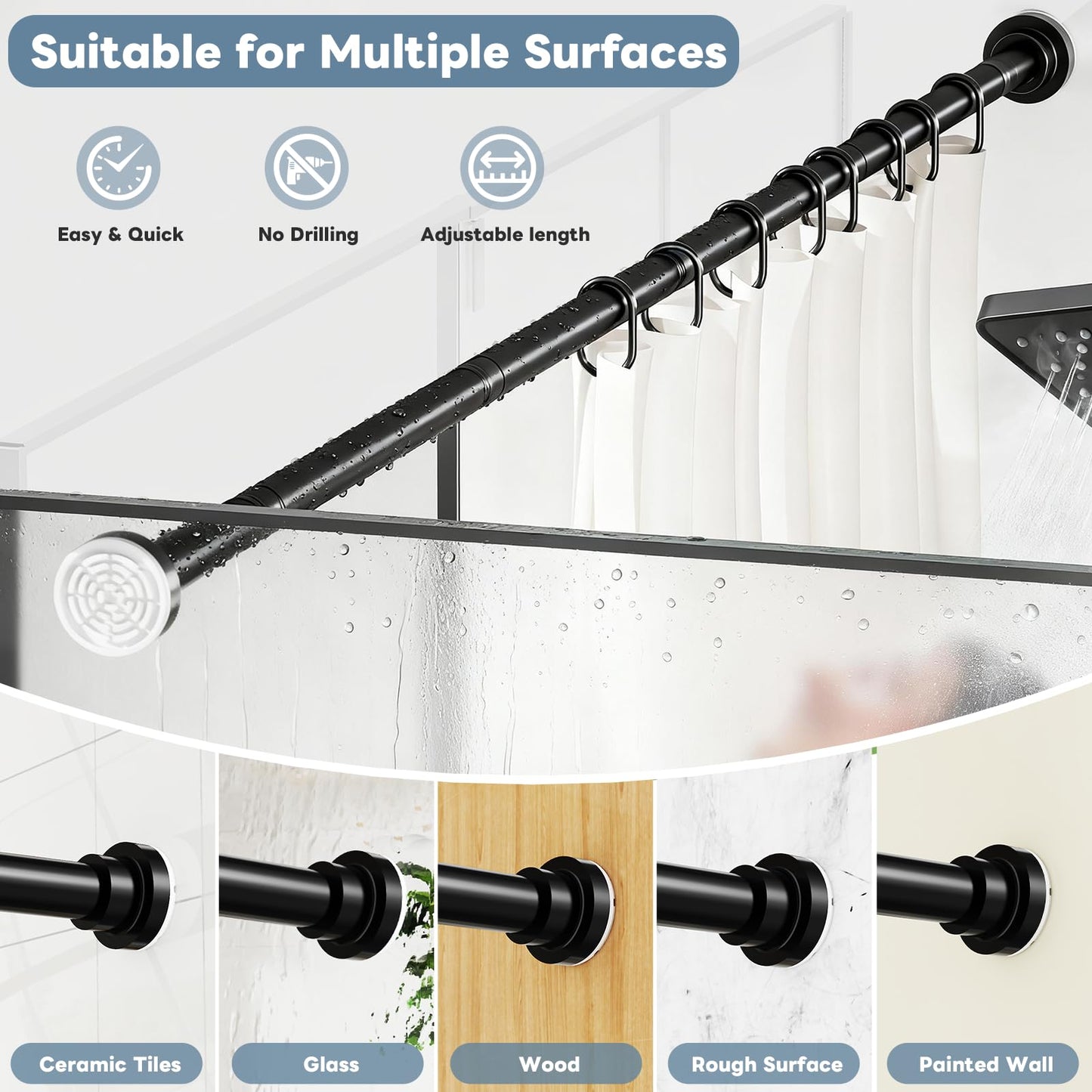 Shower Curtain Pole, 84-206cm Shower Curtain Rail, Tension Rod,Black