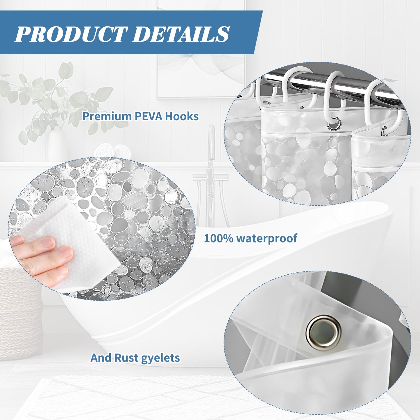 MADGININE Clear Shower Curtain, 180 x 200 cm Waterproof Shower Curtains for Bathroom, 3D Effect Pebble Waterproof Bathroom Curtain with 12 Hooks