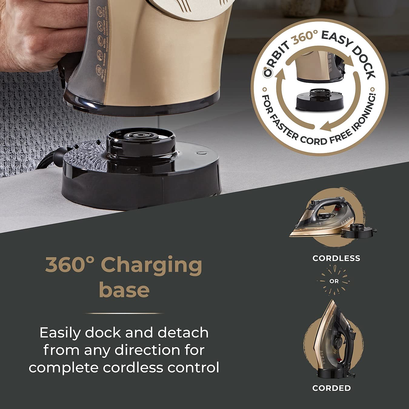 Tower T22022GLD Ceraglide 360 Cord Cordless Steam Iron with Rapid Heat-Up and Recharge, 2800W, Black and Gold