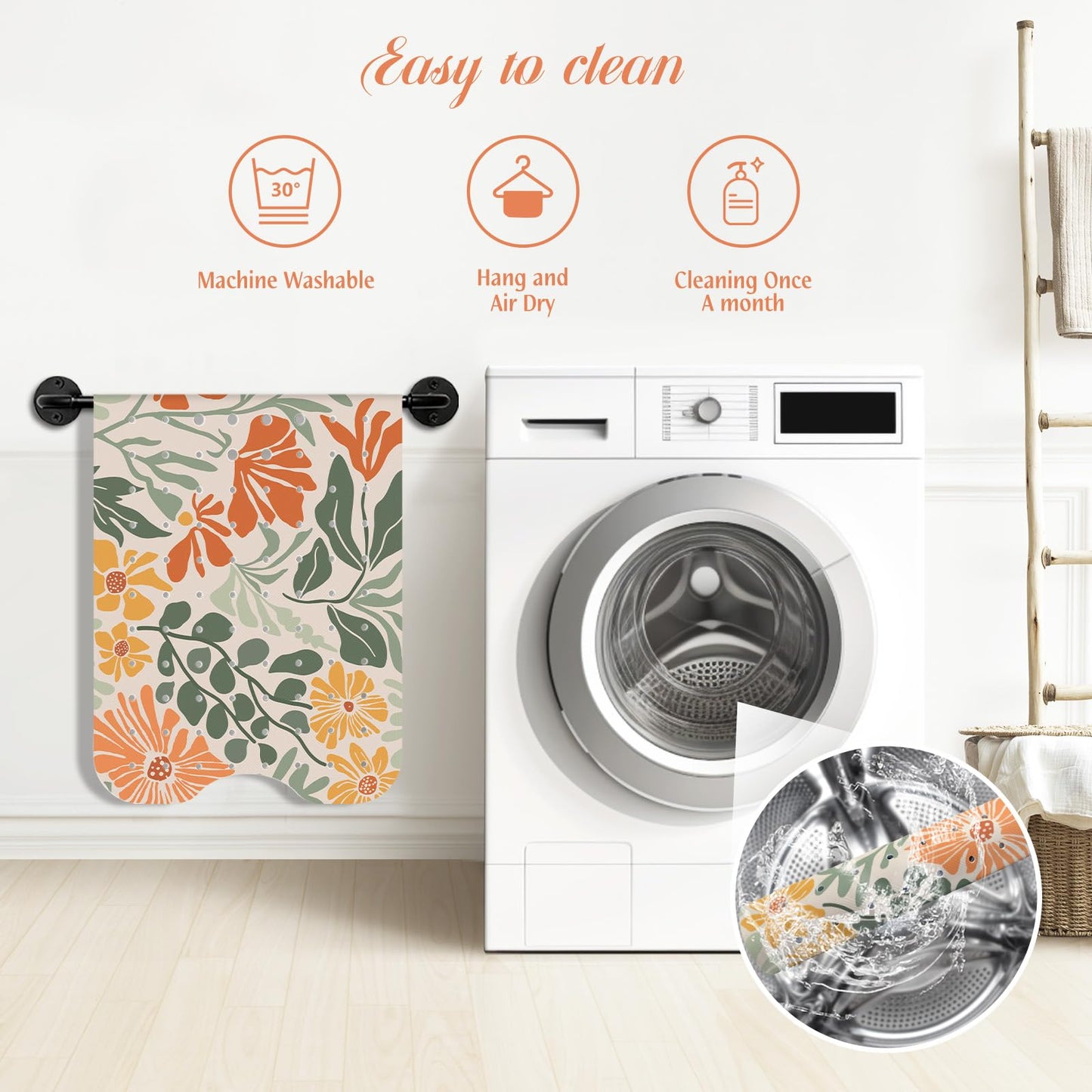 SHUCHING Retro Orange Flowers Bath Mat Non Slip Anti Mould, 100 X 40 cm Extra Long Bathtub Mat Anti Slip