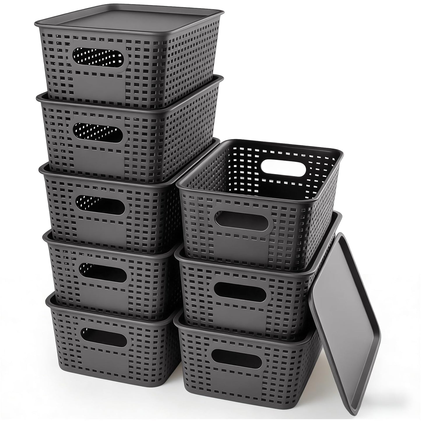 Xaztr 8 Pack Plastic Storage Basket with Lids, Stackable Storage Bins Containers, Decorative Storage Boxes Bulk for Organizing Shelves, Bathroom