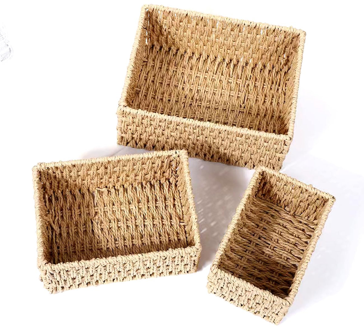 Pykrudo 3 Pack Seagrass Storage Baskets, Hand-Woven Baskets for Shelves and Bedroom and Home Office