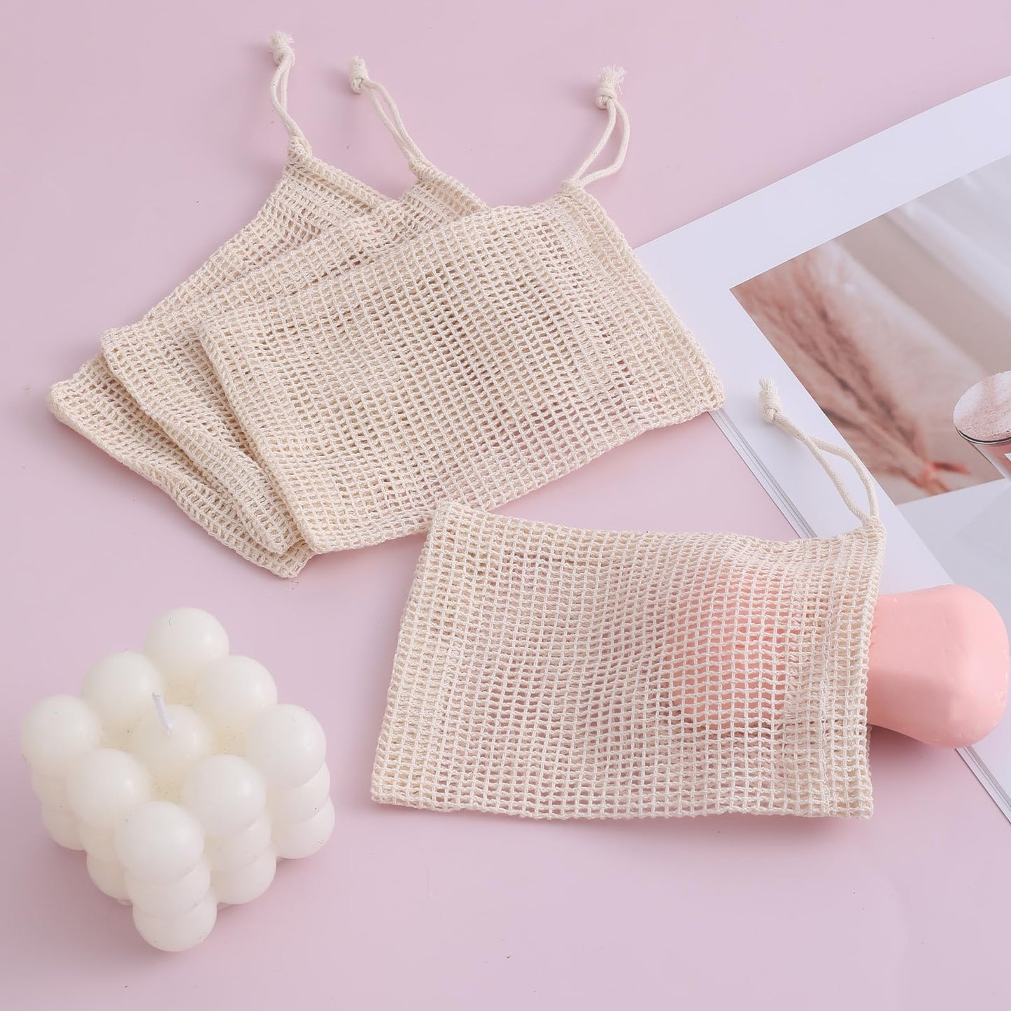 5 pcs Natural Sisal Soap Saver Bag Exfoliating Soap Saver Pouch with Drawstring for Foaming and Drying the Soap Shower Bath