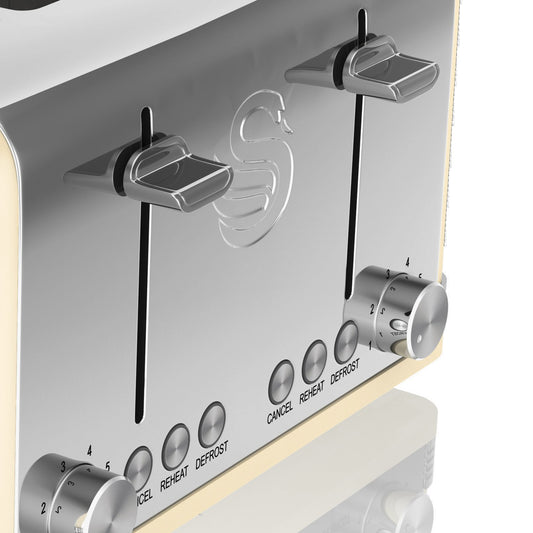 Swan ST19020CN Retro 4-Slice Toaster with Defost/Reheat/Cancle Functions, Cord Storage, 1600W, Retro Cream