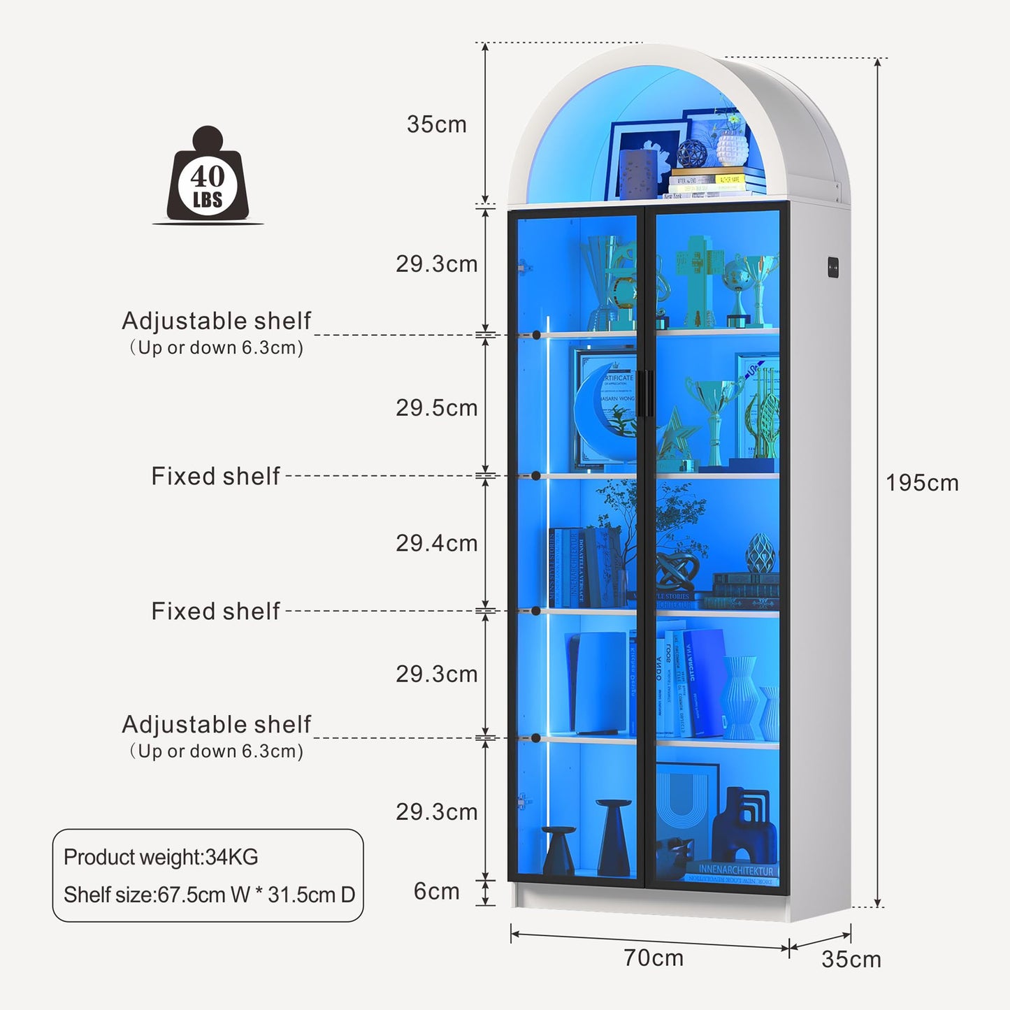 FREDEES Arch Display Cabinet with Doors and LED Lights, 195CM, White